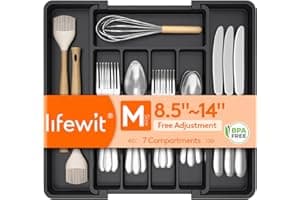 Lifewit Expandable Silverware Organizer, Plastic Utensil Tray for Kitchen Drawer, BPA Free Flatware Cutlery Holder, Space-Saving Storage for Spoons Forks Knives, 8.5-14 x 12 x 1.5 inch, Black