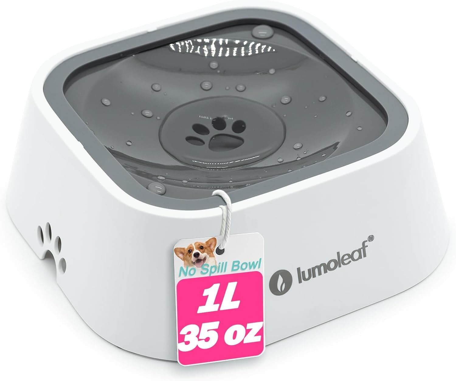 LumoLeaf No Spill Water Bowl for Dogs, Slow Feeder for Messy Drinkers, Drip-Free, Splash-Proof Design (Grey, 35oz)