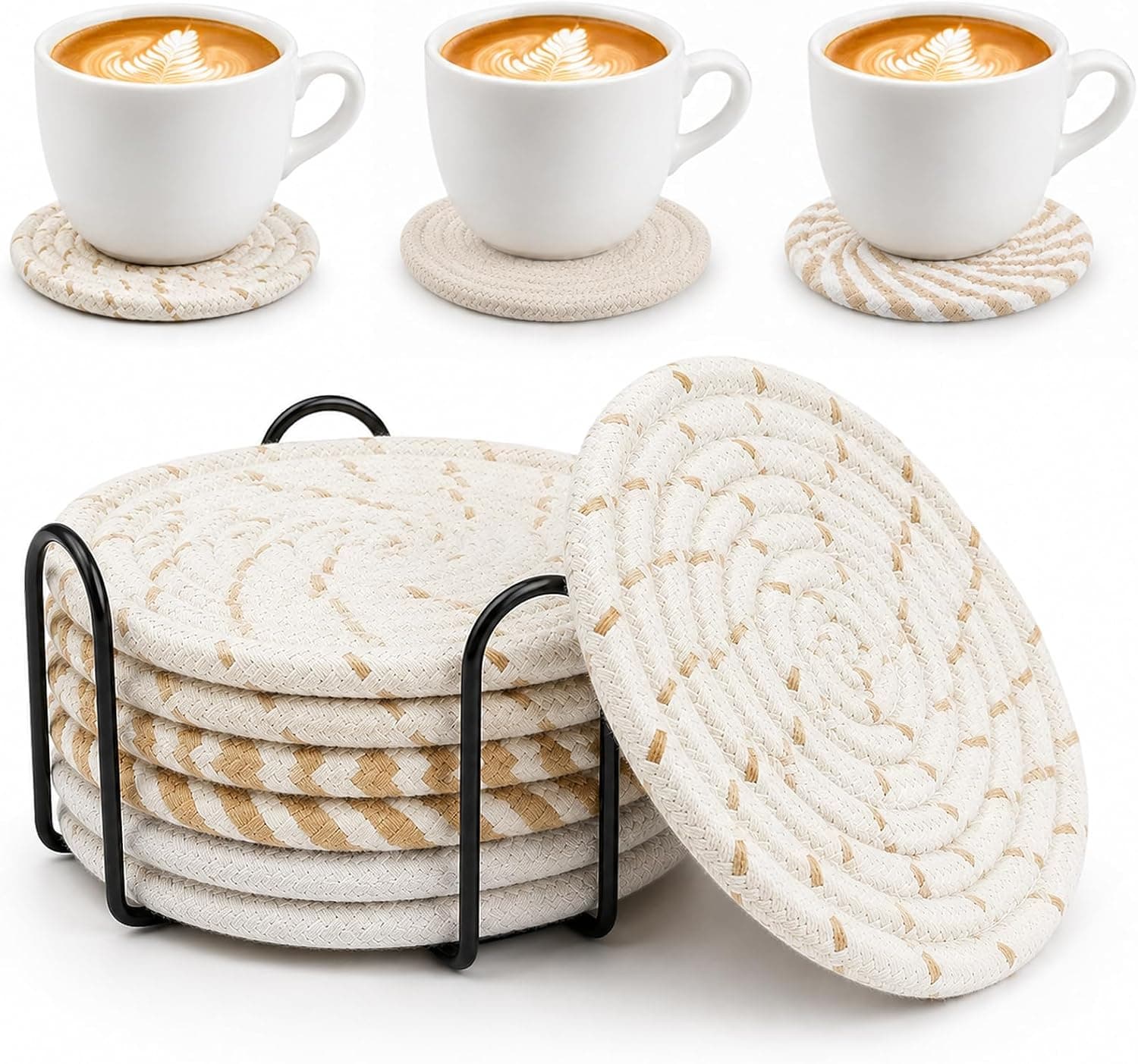 6pcs Cotton Woven Coasters for Drinks, Absorbent Coasters Set with Holder, 210°F Heat Resistant, 4.4 Inch Diameter, Cup Coasters for Tabletops, Coffee Tables, Desks, Soft & Protective