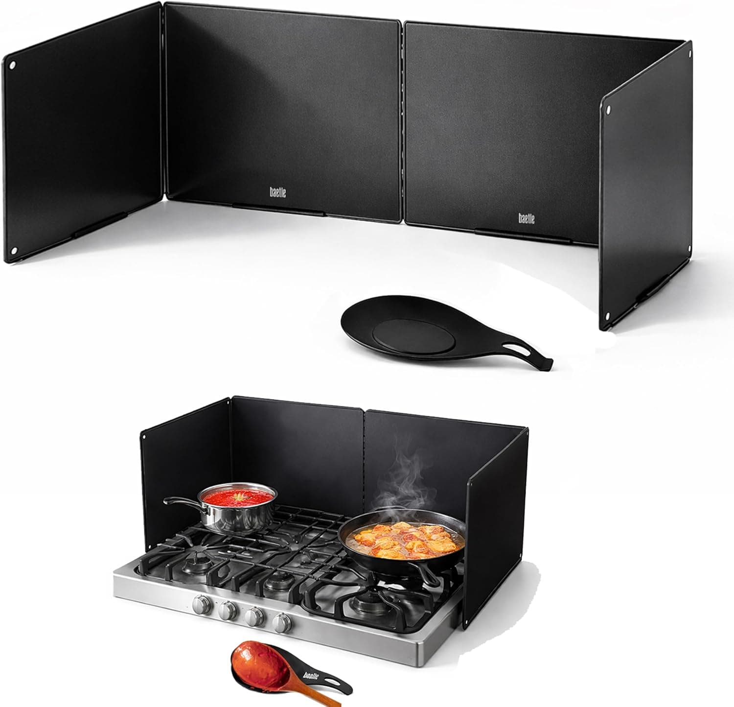 Foldable, Nonstick, Grease Splatter Guard for Stove Top by Baetle– Heavy-Duty Stainless Steel Oil Splash Shield, Premium Black Style, 29.5" Wide Back Panel, 13.6" Deep–with Spoon Rest