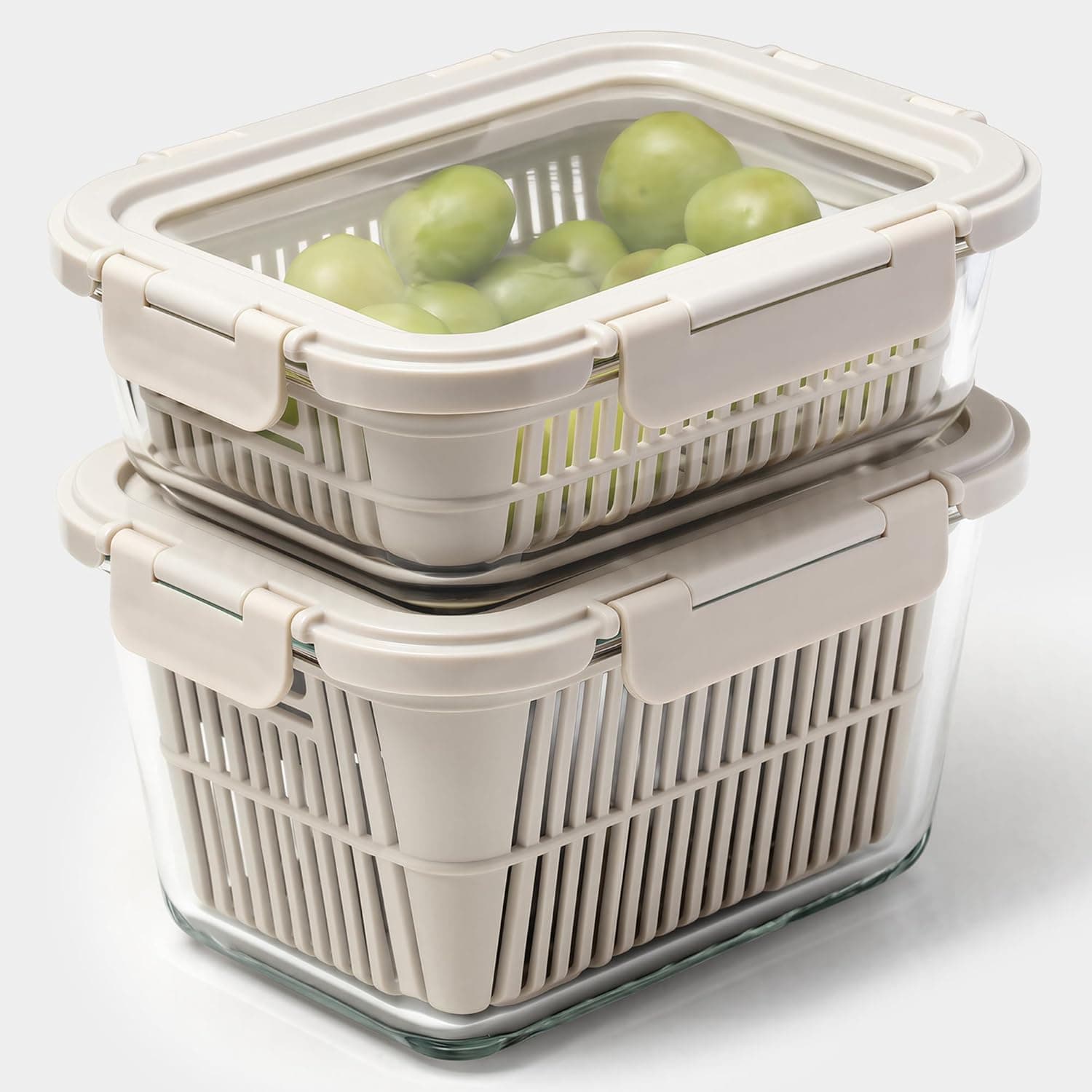 GENICOOK Glass Produce Storage Containers for Fridge, 2-Pack – Airtight Fruit & Vegetable Containers with Removable Colanders, Flexible Silicone Lids,LeakProof, BPA-Free Borosilicate Glass