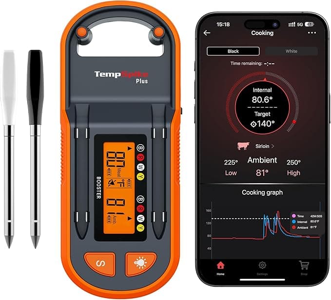 ThermoPro TempSpike Plus 600ft Wireless Meat Thermometer with 2 Color-Coded Probes, Bluetooth Meat Thermometer Wireless with LCD-Enhanced Booster for Food Cooking Grill Smoker