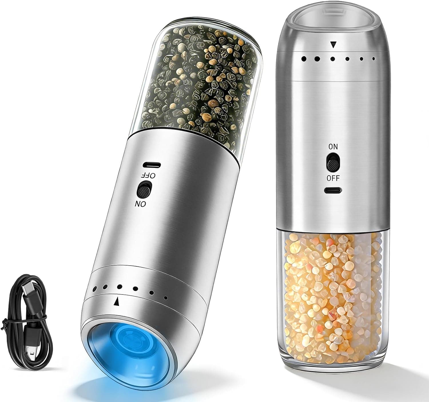 Gravity Salt and Pepper Grinder Set, Automatic Electric Mill Set, Gravity-Sensing, Rechargeable Pepper Grinder Battery Operated, Stainless Steel, Adjustable Coarseness, Kitchen Gadgets Accessories