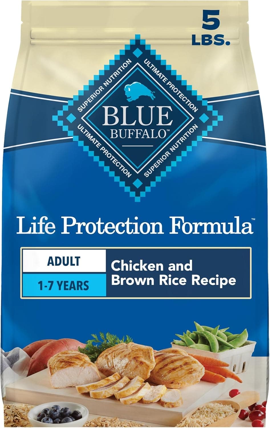 Blue Buffalo Life Protection Formula Adult Dry Dog Food, Helps Build and Maintain Strong Muscles, Made with Natural Ingredients, Chicken & Brown Rice Recipe, 5-lb. Bag