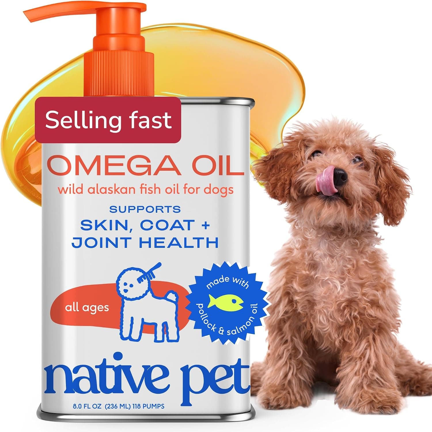 Native Pet Omega 3 Fish Oil for Dogs & Cats – Wild Alaskan Salmon Oil for Dogs Skin and Coat, Supports Joints, Heart & Shedding – Fast-Absorbing Omega 3 6 9 Liquid Supplement – 8oz
